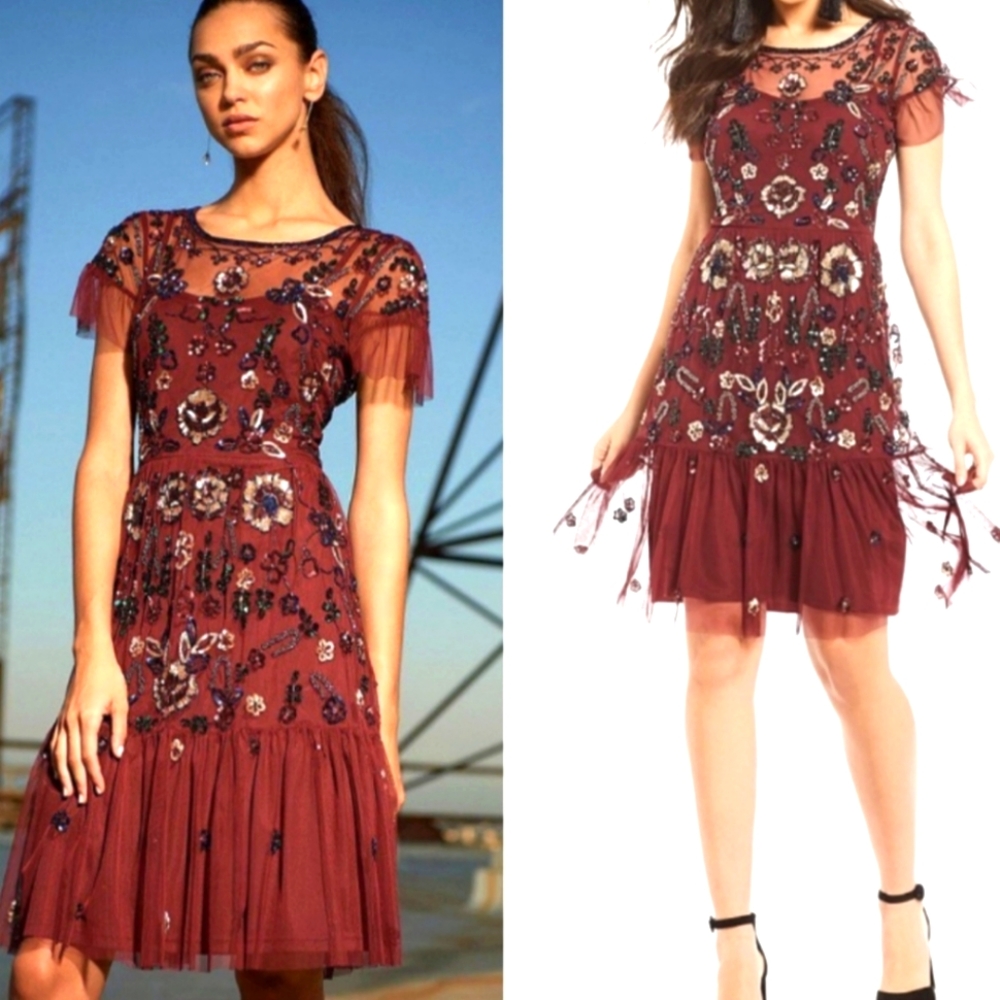 Burgundy Bollywood Tulle Sequin Party Dress XS - Gianni Bini Fairycore Prom
